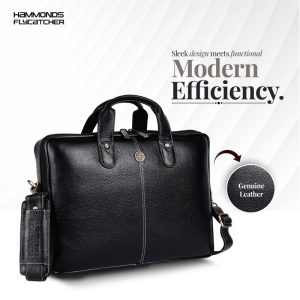 HAMMONDS FLYCATCHER Genuine Leather Office Bag for Men - Laptop Bag for Men - Padded Laptop Compartment, Fits 14 Inch Laptop - Adjustable Strap- Office, Travel, Daily Use - Black