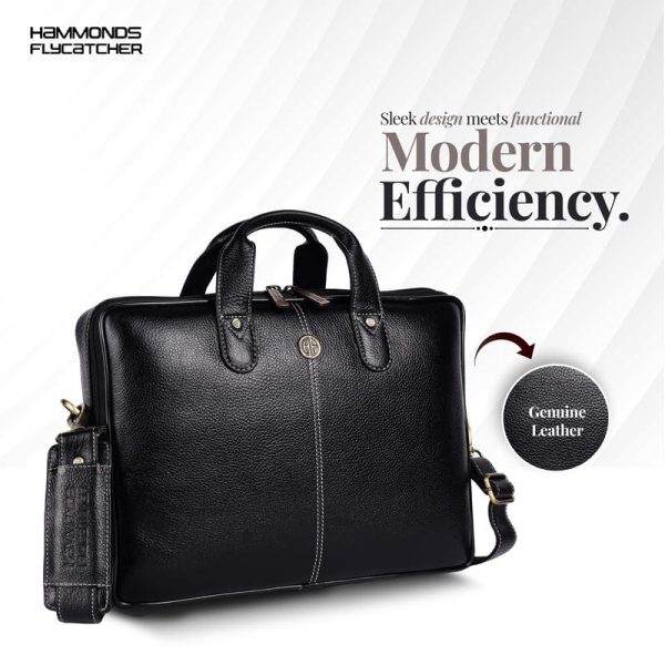 HAMMONDS FLYCATCHER Genuine Leather Office Bag for Men - Laptop Bag for Men - Padded Laptop Compartment, Fits 14 Inch Laptop - Adjustable Strap- Office, Travel, Daily Use - Black