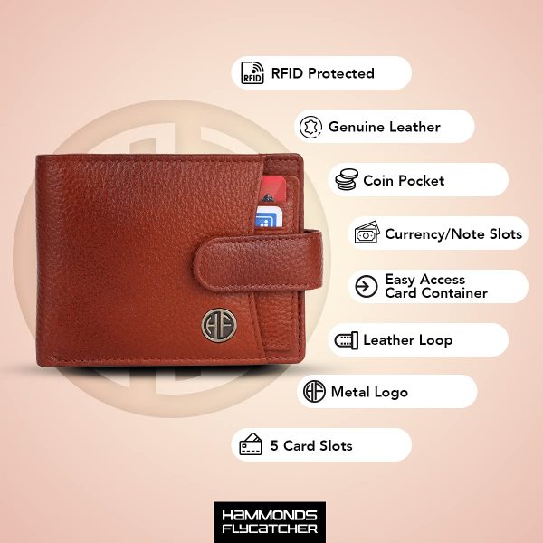 HAMMONDS FLYCATCHER Men Hammond's Flycatcher Genuine Leather Wallet - RFID Protected Leather Purse - 5 Card Slots, Coin & Hidden Pockets, Metal Snap Button - Tan - Image 3