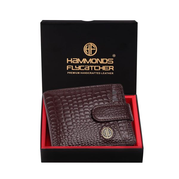HAMMONDS FLYCATCHER Men Hammond's Flycatcher Genuine Leather Wallet - RFID Protected Leather Purse - 5 Card Slots, Coin & Hidden Pockets, Metal Snap Button - Croco Brown