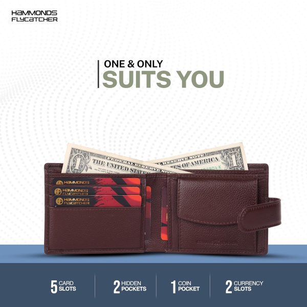 HAMMONDS FLYCATCHER Men Hammond's Flycatcher Genuine Leather Wallet - RFID Protected Leather Purse - 5 Card Slots, Coin & Hidden Pockets, Metal Snap Button - Choclate Brown - Image 4