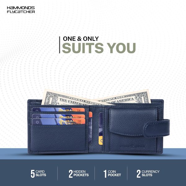 HAMMONDS FLYCATCHER Men Hammond's Flycatcher Genuine Leather Wallet - RFID Protected Leather Purse - 5 Card Slots, Coin & Hidden Pockets, Metal Snap Button - Blue - Image 4