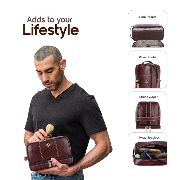 Hammonds Flycatcher Genuine Leather Toiletry Bag for Men and Women Cosmetic Organizer Bag, Travel Organizer Pouch, Shaving Kit Bag for Men Toiletry Pouch for Men with Multiple Pockets - Brown - Image 4