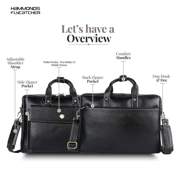 HAMMONDS FLYCATCHER Genuine Leather Office Bag for Men, 15.6" Professional Leather Laptop Bag for Men for Office, Travel, Daily Use, Adjustable Strap & Multi Compartments - Black - Image 5