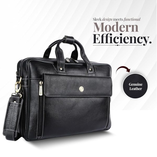 HAMMONDS FLYCATCHER Genuine Leather Office Bag for Men, 15.6" Professional Leather Laptop Bag for Men for Office, Travel, Daily Use, Adjustable Strap & Multi Compartments - Black - Image 2