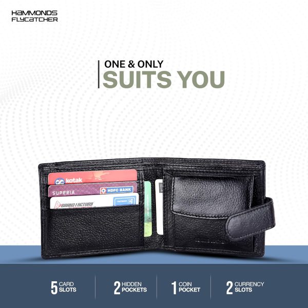 HAMMONDS FLYCATCHER Men Hammond's Flycatcher Genuine Leather Wallet - RFID Protected Leather Purse - 5 Card Slots, Coin & Hidden Pockets, Metal Snap Button - Black - Image 6
