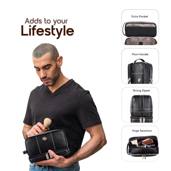Hammonds Flycatcher Genuine Leather Toiletry Bag for Men and Women Cosmetic Organizer Bag, Travel Organizer Pouch, Shaving Kit Bag for Men Toiletry Pouch for Men with Multiple Pockets - Black - Image 5