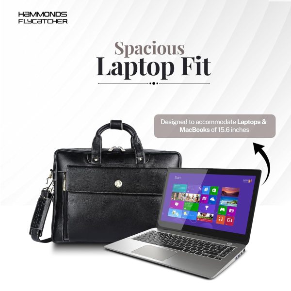 HAMMONDS FLYCATCHER Genuine Leather Office Bag for Men, 15.6" Professional Leather Laptop Bag for Men for Office, Travel, Daily Use, Adjustable Strap & Multi Compartments - Black - Image 3