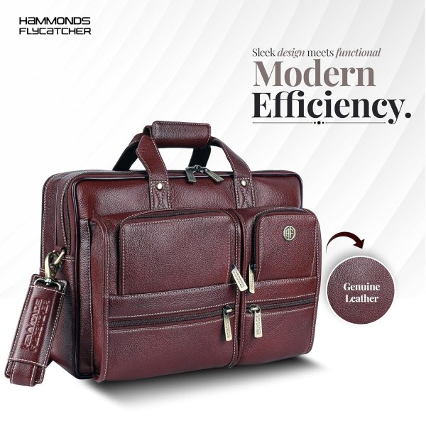 HAMMONDS FLYCATCHER Genuine Leather Office Bag for Men, Premium 15.6 Inch Laptop Bag for Men, Multi Compartments & Adjustable Strap, Ideal for Office, Travel, Daily Use - Brown