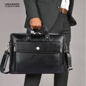 HAMMONDS FLYCATCHER Genuine Leather Office Bag for Men, 15.6" Professional Leather Laptop Bag for Men for Office, Travel, Daily Use, Adjustable Strap & Multi Compartments - Black