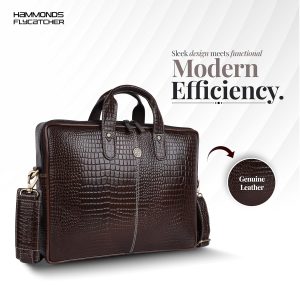 HAMMONDS FLYCATCHER Genuine Leather Office Bag for Men, 15.6 Inch Laptop Bag for Men, Adjustable Straps and Multiple Compartments, 1 Year Warranty - Croc Timber Brown